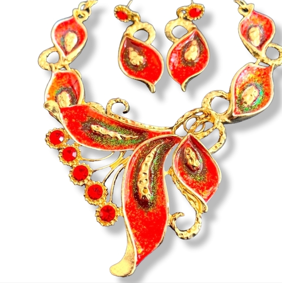 Gold plated Red green purple sparkly crystal feather necklace earrings sets - Picture 10 of 16